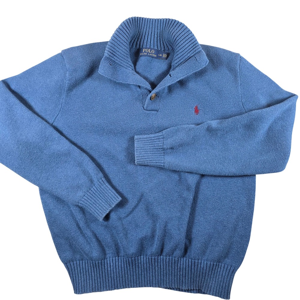 Polo Ralph Lauren Button Mock Neck Sweater Mens Large Blue Cotton RN41381 - Picture 2 of 9